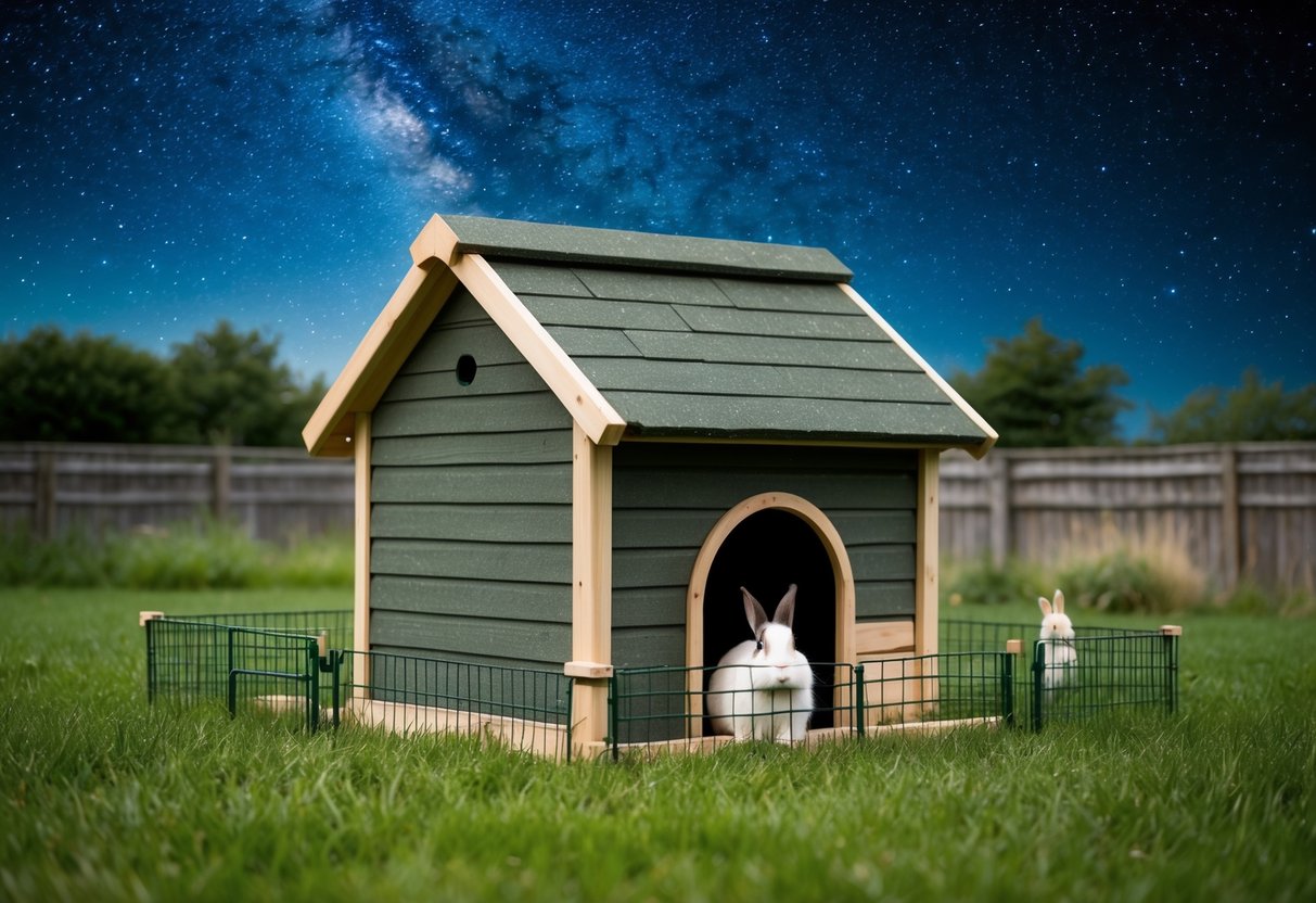 A rabbit hutch sits under a starry sky, surrounded by a small fenced area with grass and a few hiding spots
