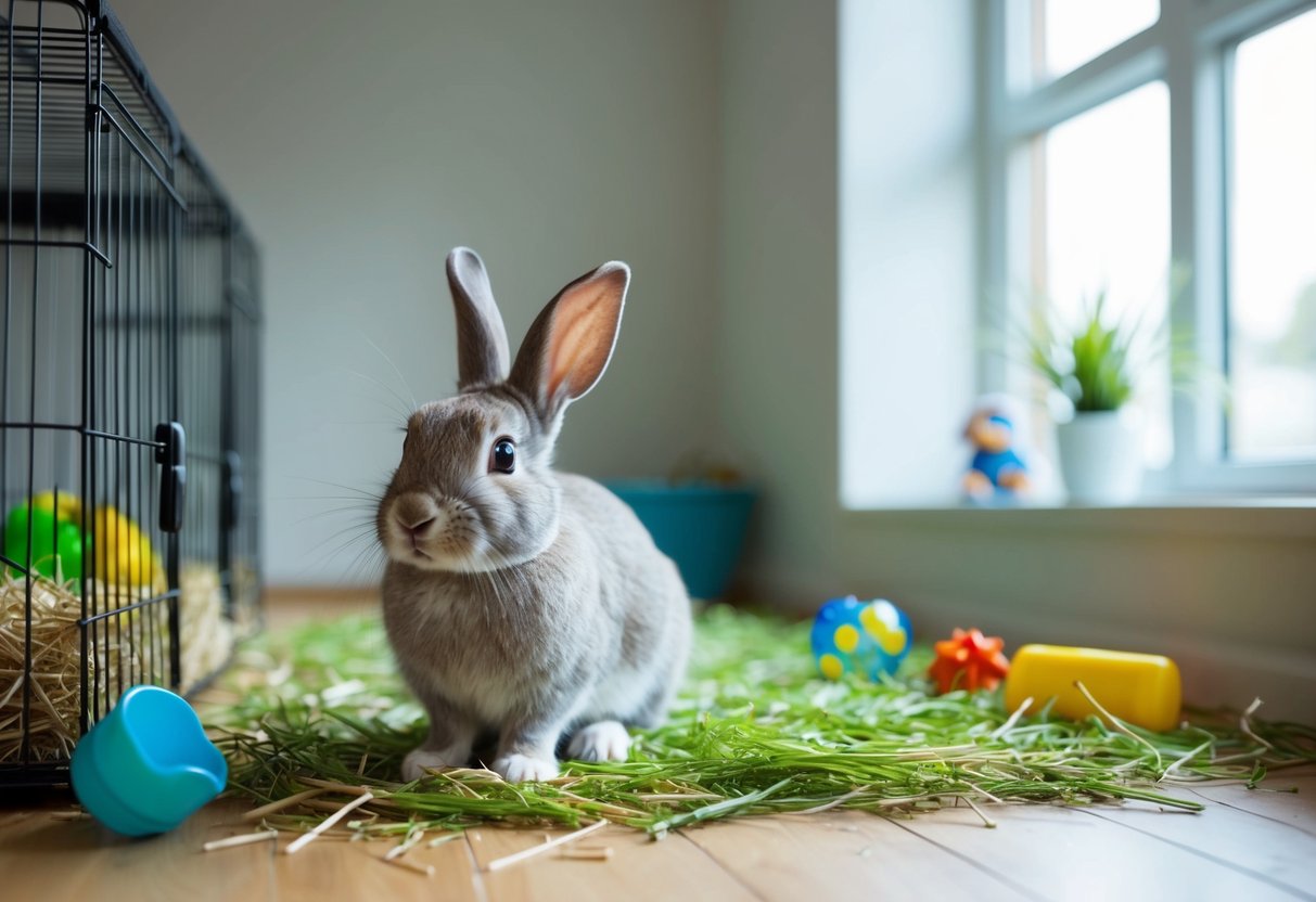 A rabbit sits in a spacious, clean enclosure with plenty of hay, water, and toys. The room is quiet and well-lit, with a window providing natural light