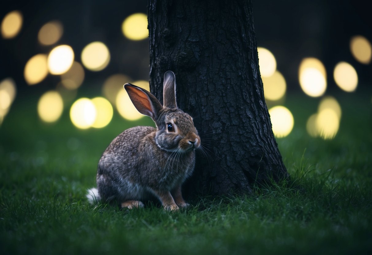 A rabbit huddled under a tree, surrounded by darkness, with glowing eyes watching from the shadows