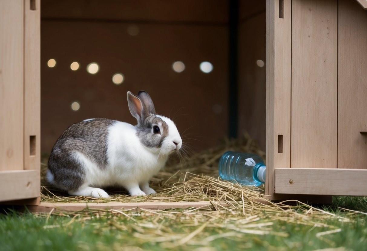An empty rabbit hutch with scattered hay and a solitary water bottle