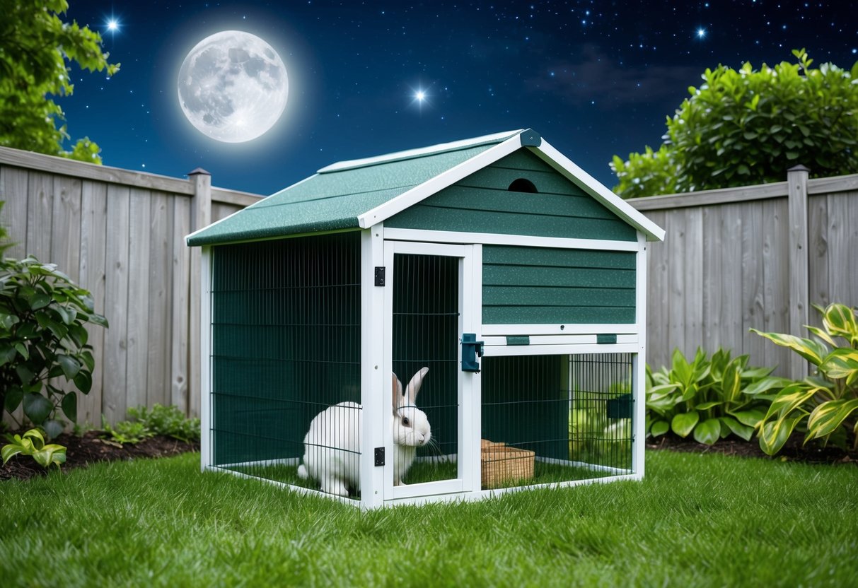 A rabbit hutch sits in a well-lit outdoor area, surrounded by a secure fence and lush greenery. The moon and stars shine overhead, creating a peaceful and safe environment for the rabbit