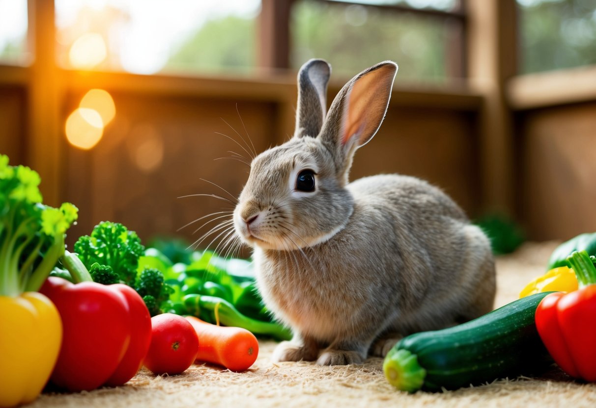 A rabbit surrounded by colorful toys and fresh vegetables in a spacious, sunny enclosure