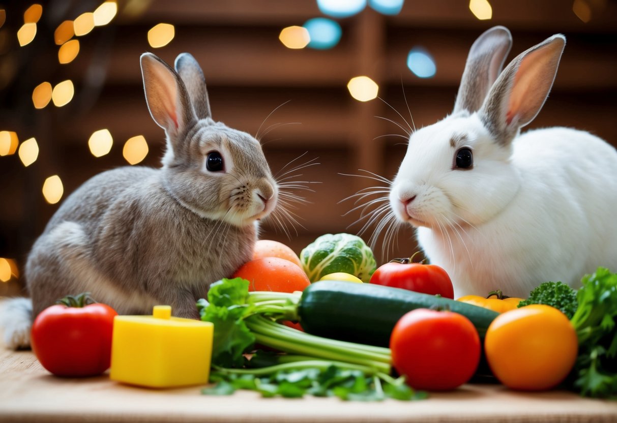 A rabbit surrounded by toys and fresh vegetables, interacting with a friendly companion
