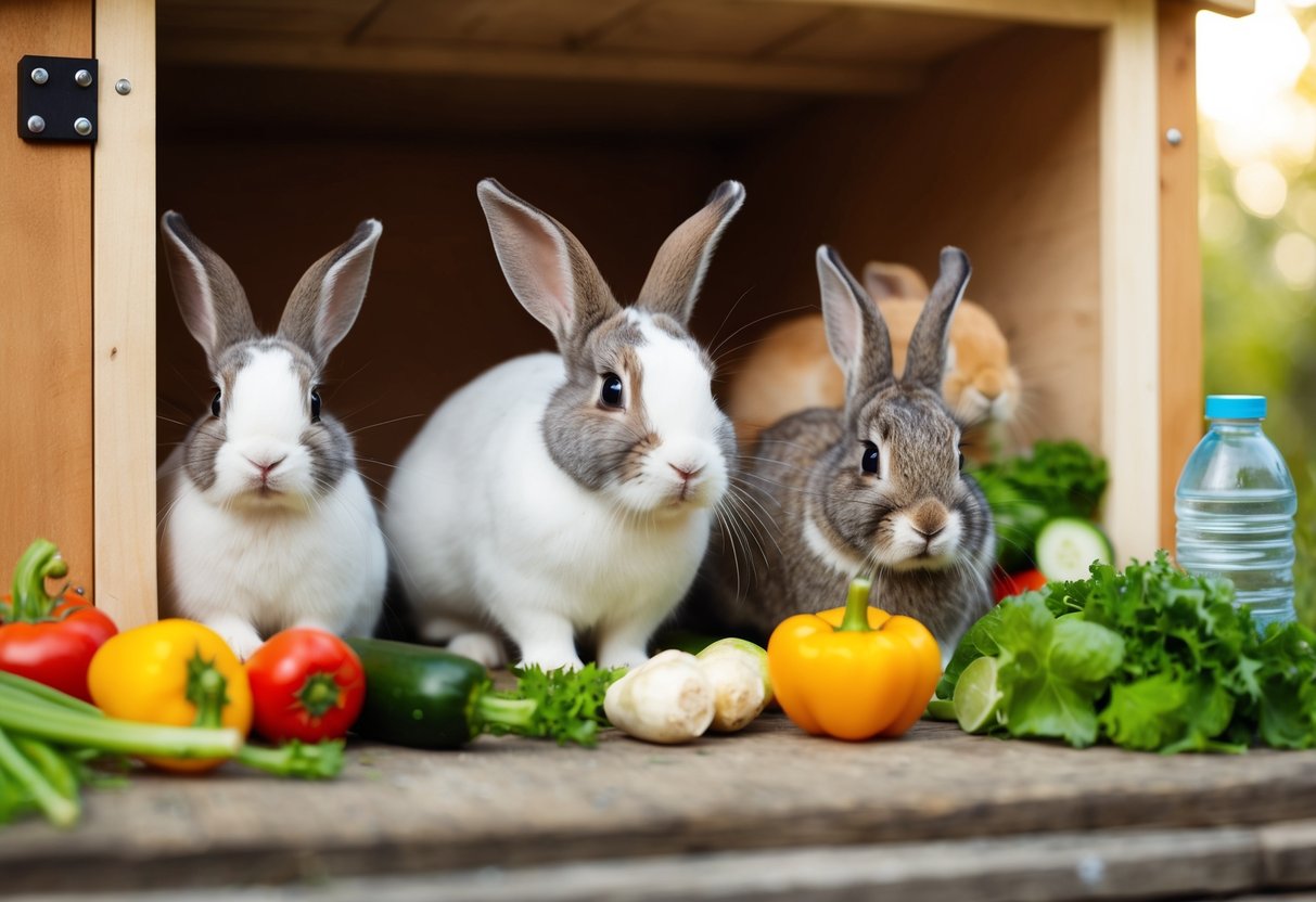 A bunny hutch with healthy, active rabbits of various ages, surrounded by fresh vegetables and water bottles