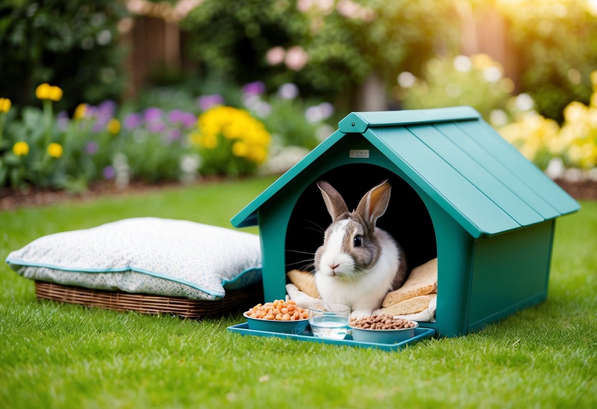 A cozy rabbit hutch with food, water, and bedding, surrounded by a peaceful garden