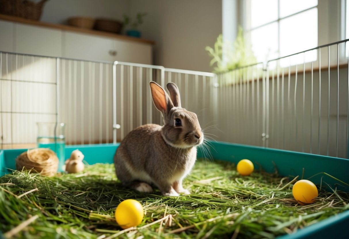 A rabbit sits in a spacious, clean enclosure with fresh hay, water, and toys. Sunlight streams in through a window, creating a cozy and comfortable environment