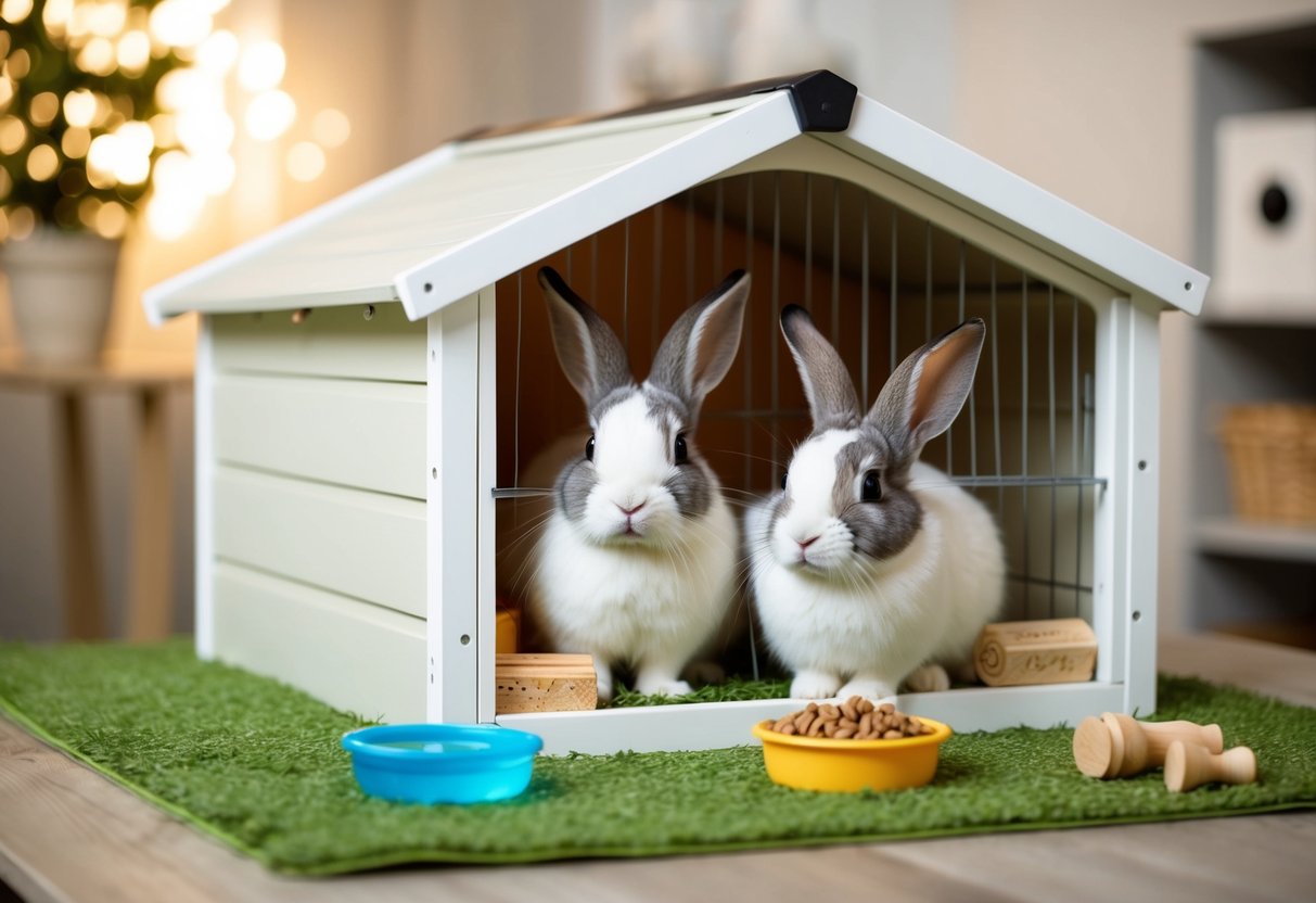 A cozy rabbit hutch with food, water, and toys, set in a safe and quiet environment, ready for the rabbits to be left alone for 8 hours