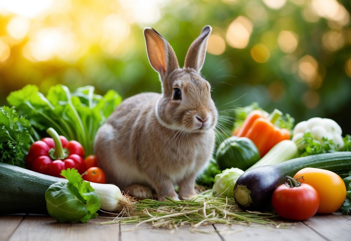 A rabbit surrounded by a variety of fresh vegetables, hay, and water