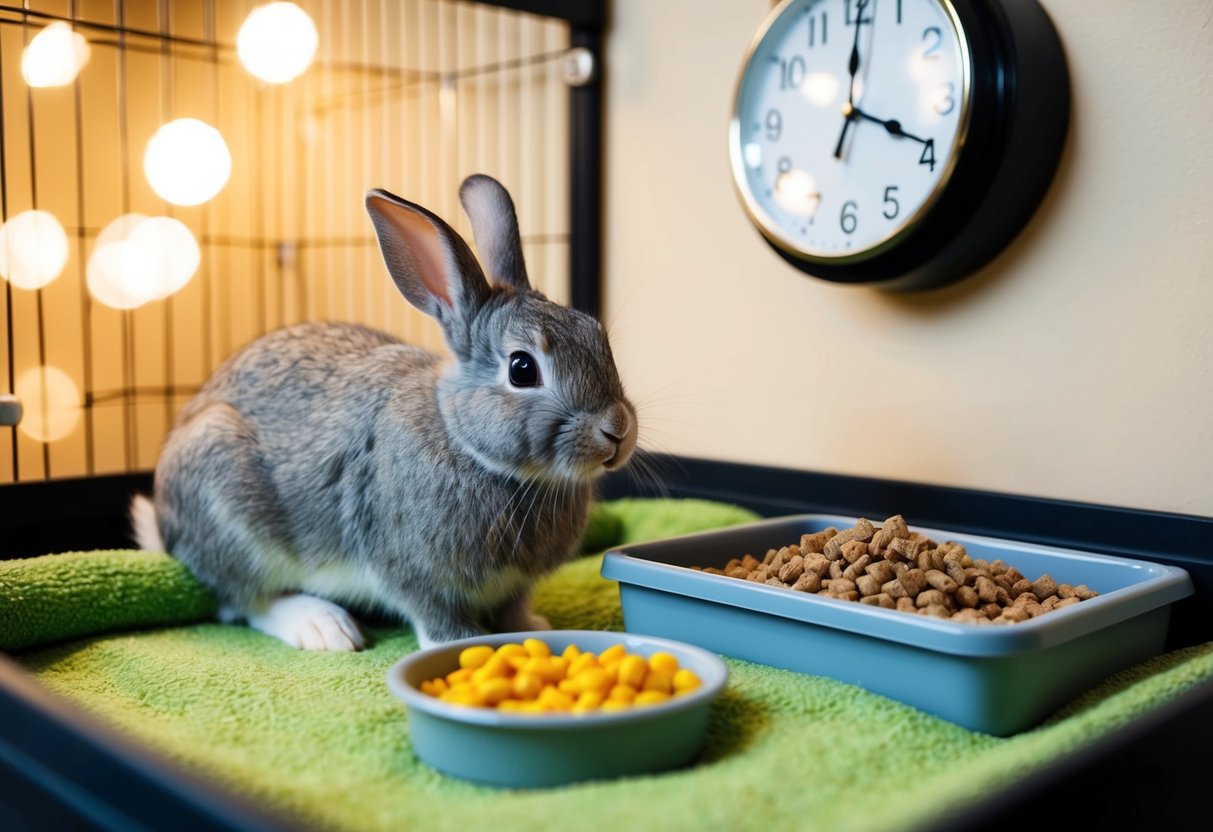 A rabbit in a cozy, well-stocked enclosure with food, water, and a comfortable resting area. A clock on the wall indicates 8 hours have passed