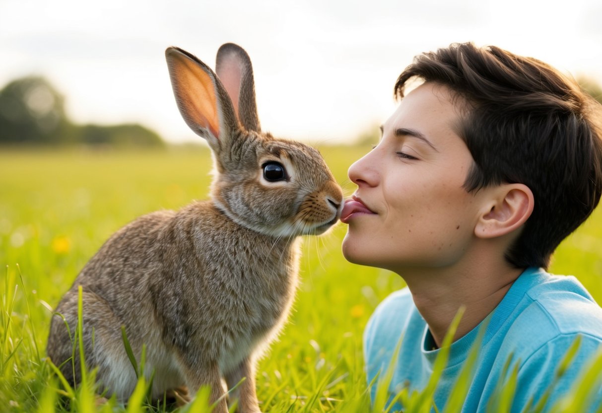 A rabbit with its ears perked up, gently licking the cheek of a contented person sitting in a grassy meadow