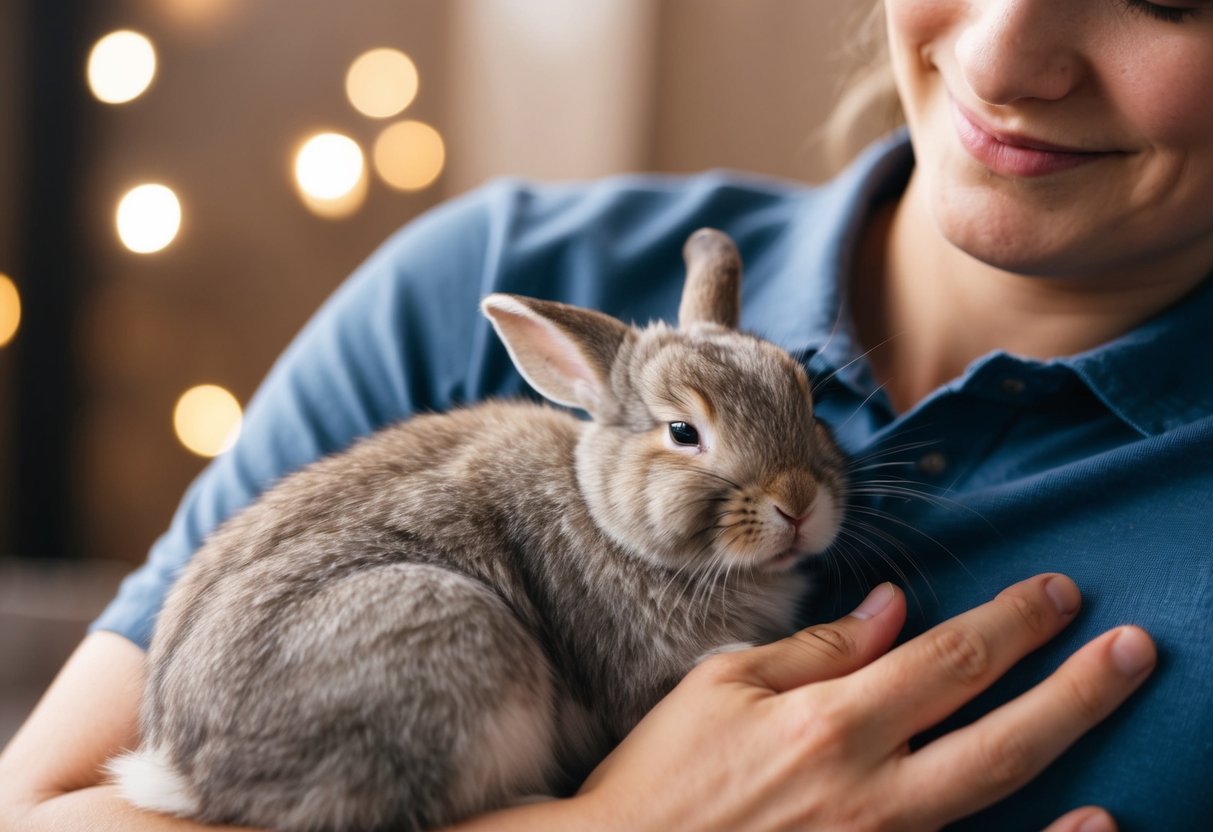 A fluffy house rabbit nuzzles against a person's chest, their eyes closed in contentment as they enjoy a cuddle