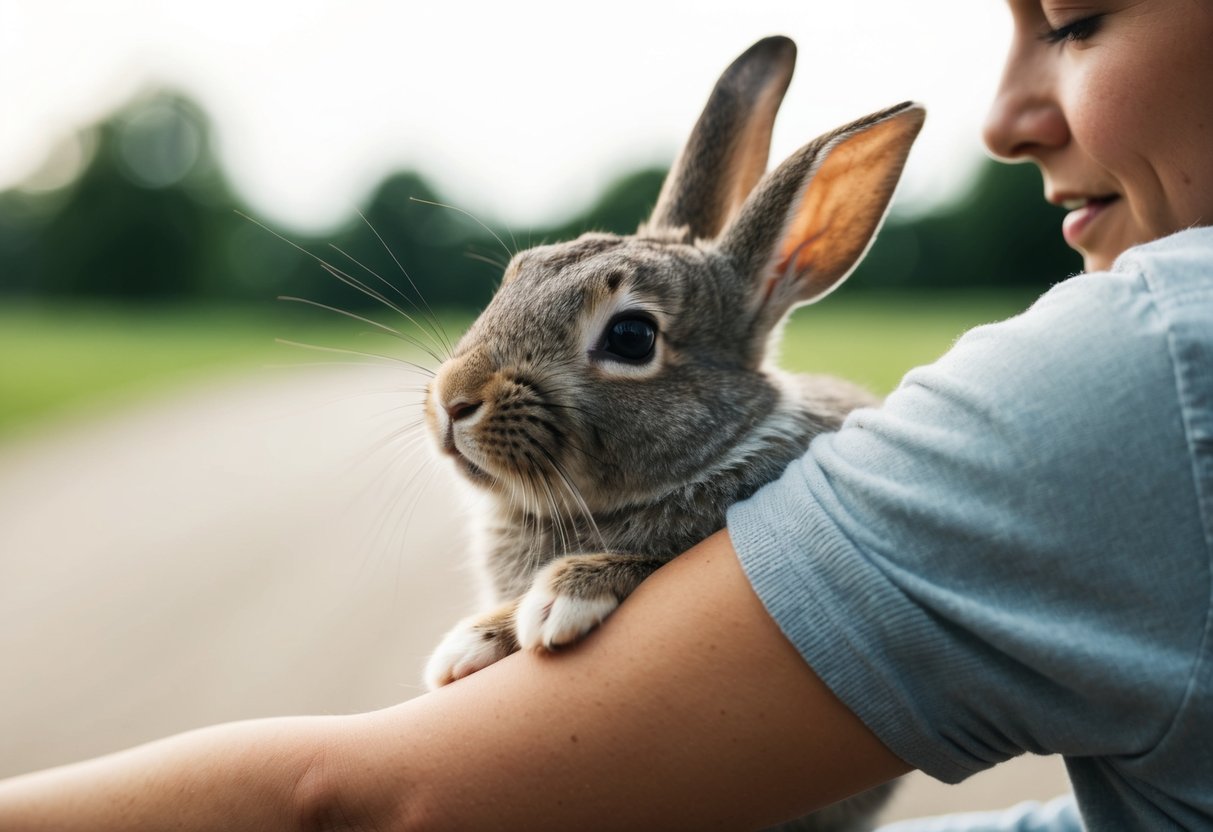 A rabbit nuzzles and licks a person's arm, showing affection and trust