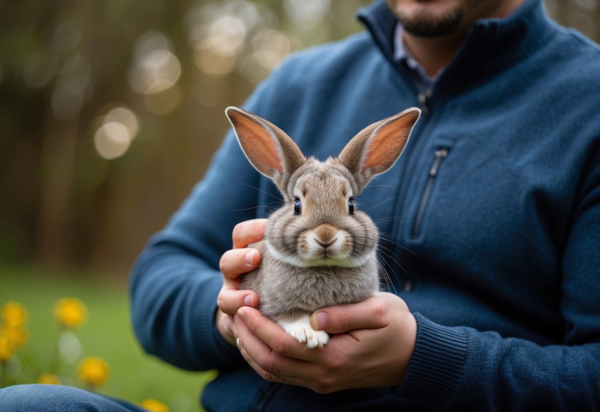 A small bunny sits contentedly in a person's arms, ears perked up, eyes bright with curiosity