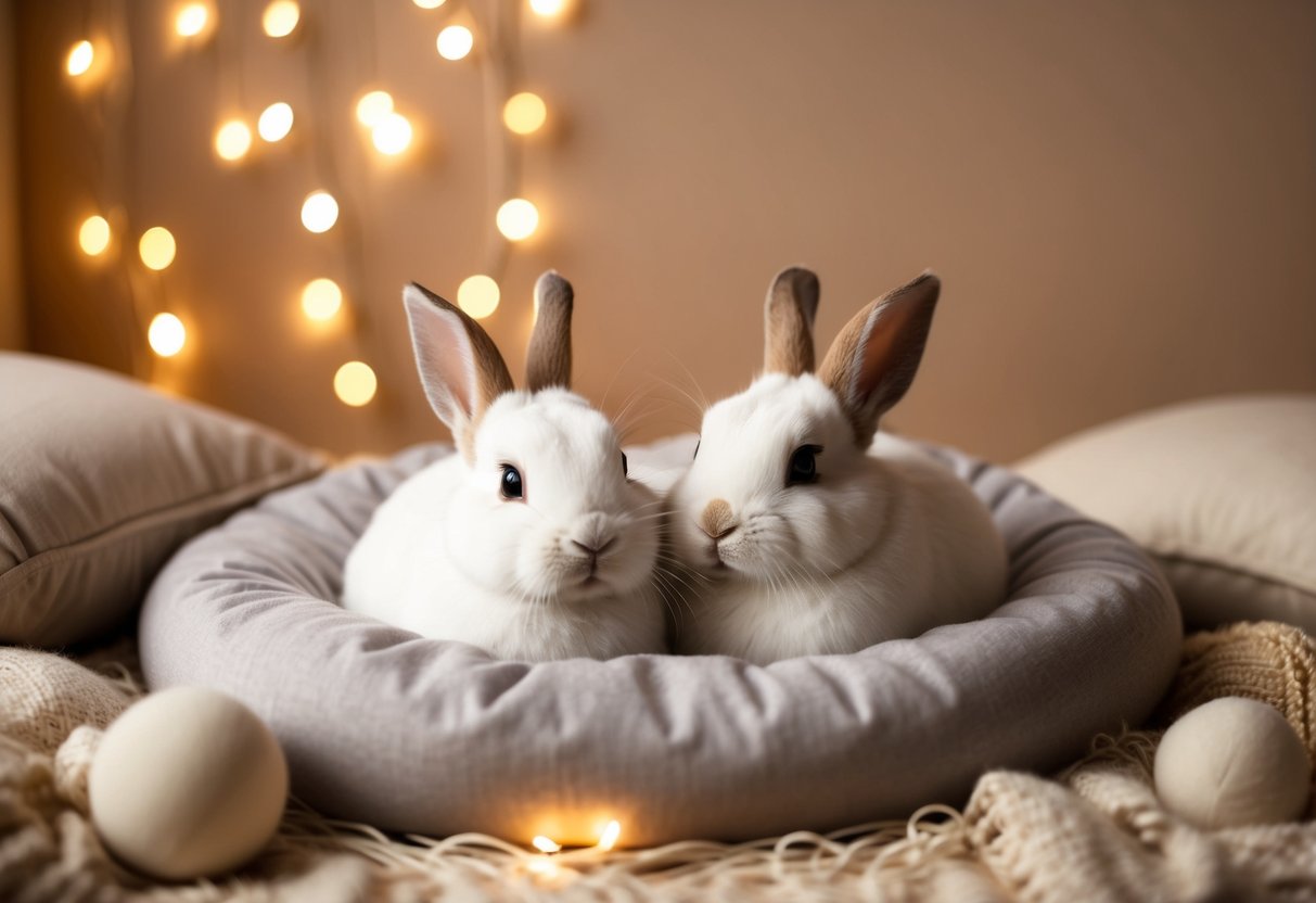 Two bunnies nestled together in a cozy nest of soft blankets and pillows, surrounded by warm, gentle lighting and a peaceful atmosphere