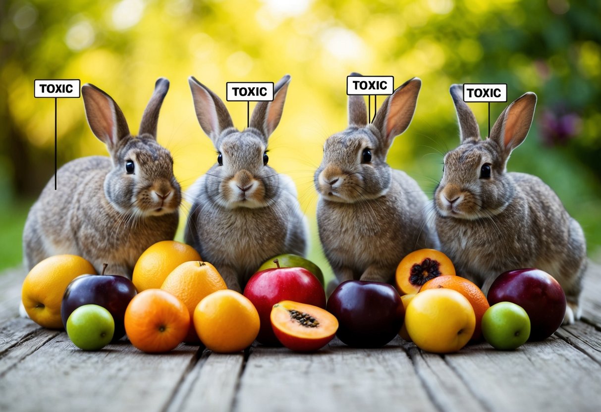 A group of rabbits surrounded by a variety of fruits, with some fruits labeled as toxic