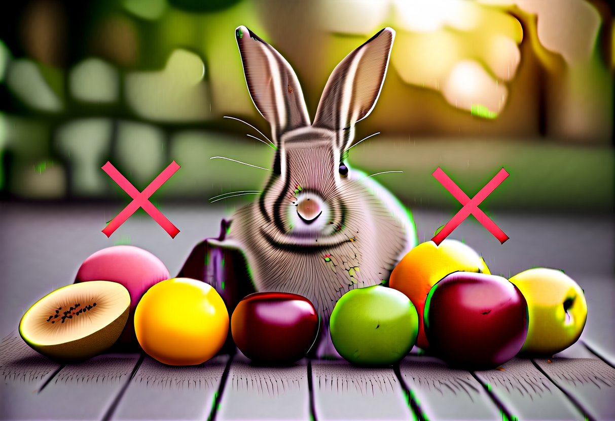 A rabbit surrounded by a variety of safe fruits, with a few crossed out as a visual representation of fruits rabbits can't eat