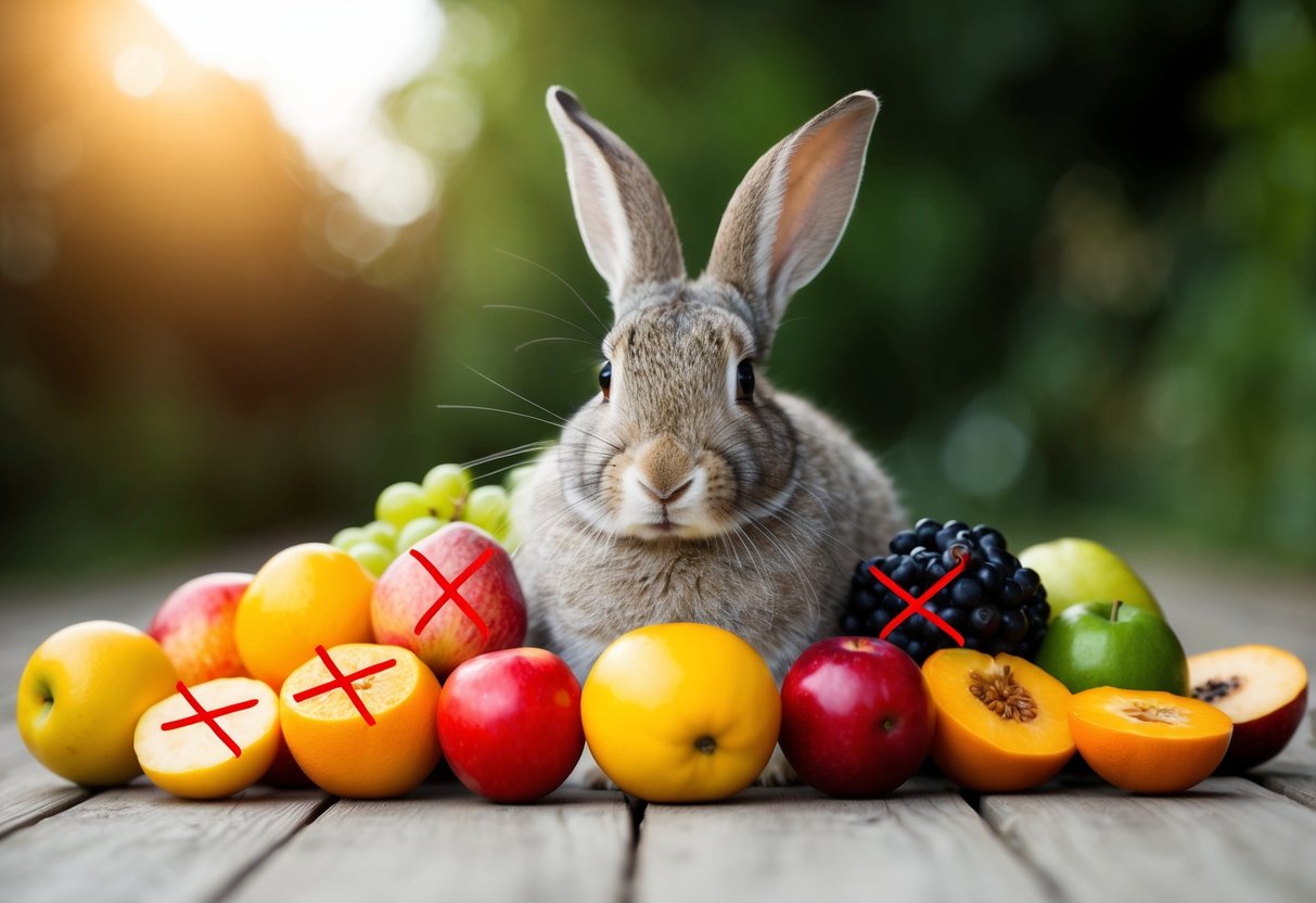 A rabbit surrounded by a variety of fruits, with a few crossed out to indicate they are harmful or toxic for rabbits to eat