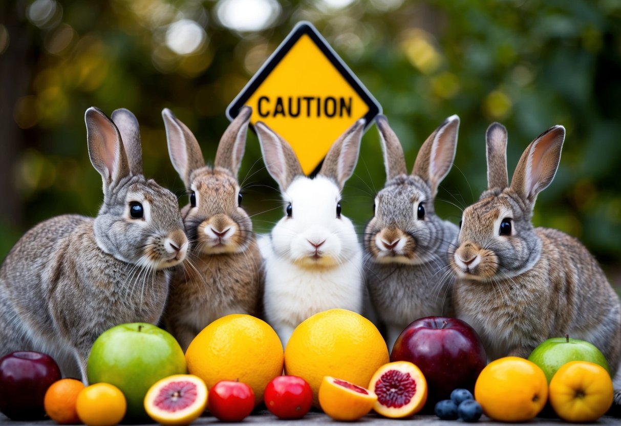 A group of rabbits surrounded by various fruits, with a caution sign over a few fruits