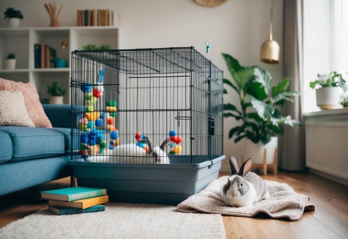 A cozy living room with a large indoor cage, toys, and a litter box. A rabbit rests on a soft blanket, surrounded by books and plants