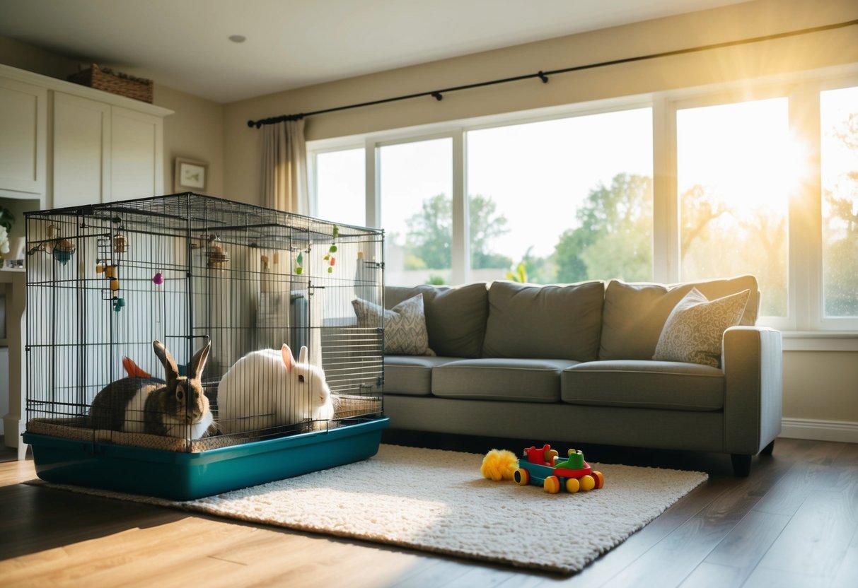 A cozy living room with a spacious rabbit enclosure, toys, and a litter box. Sunlight streams in through a large window, casting a warm glow on the space