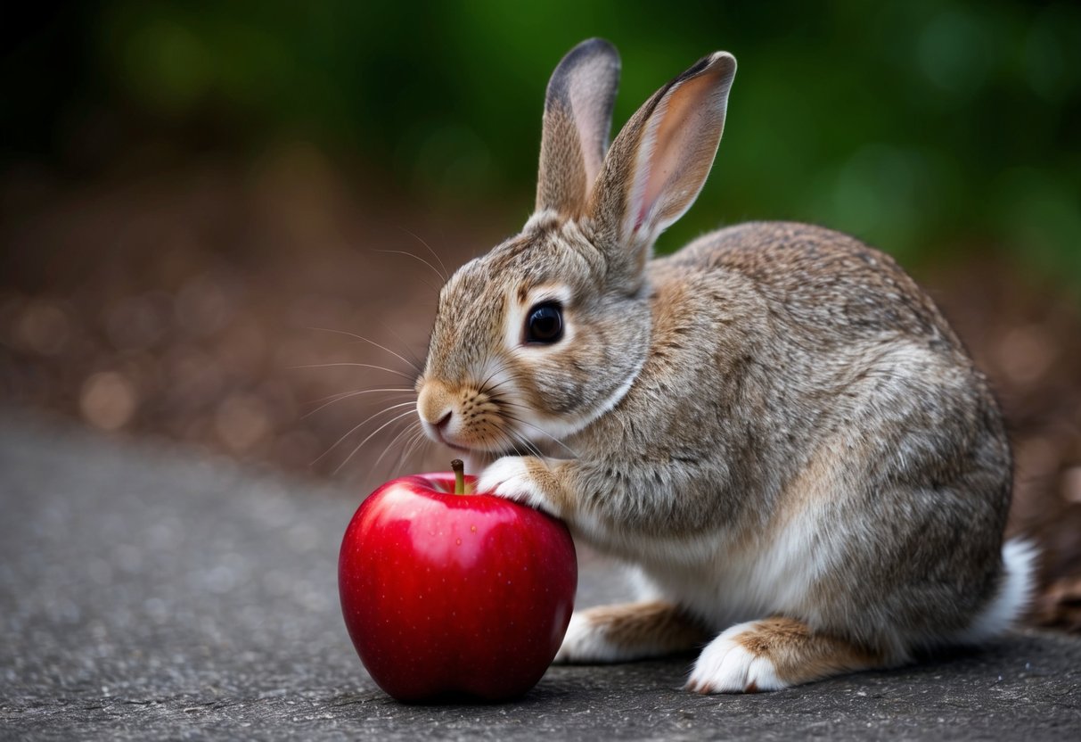 A rabbit nibbles on a juicy red apple, its ears perked up in curiosity