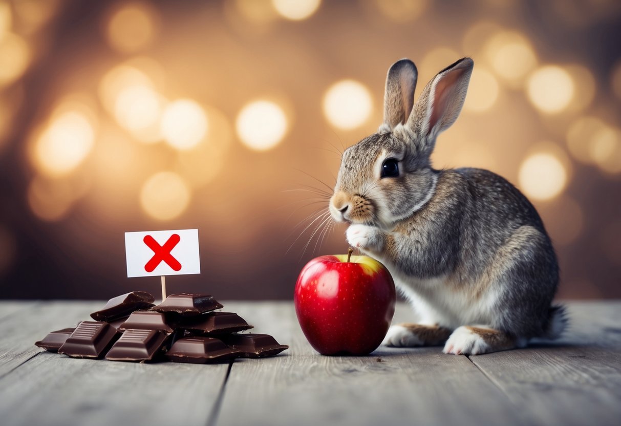 A rabbit cautiously sniffing an apple while a small sign with a red "X" is placed next to a pile of chocolate and candy