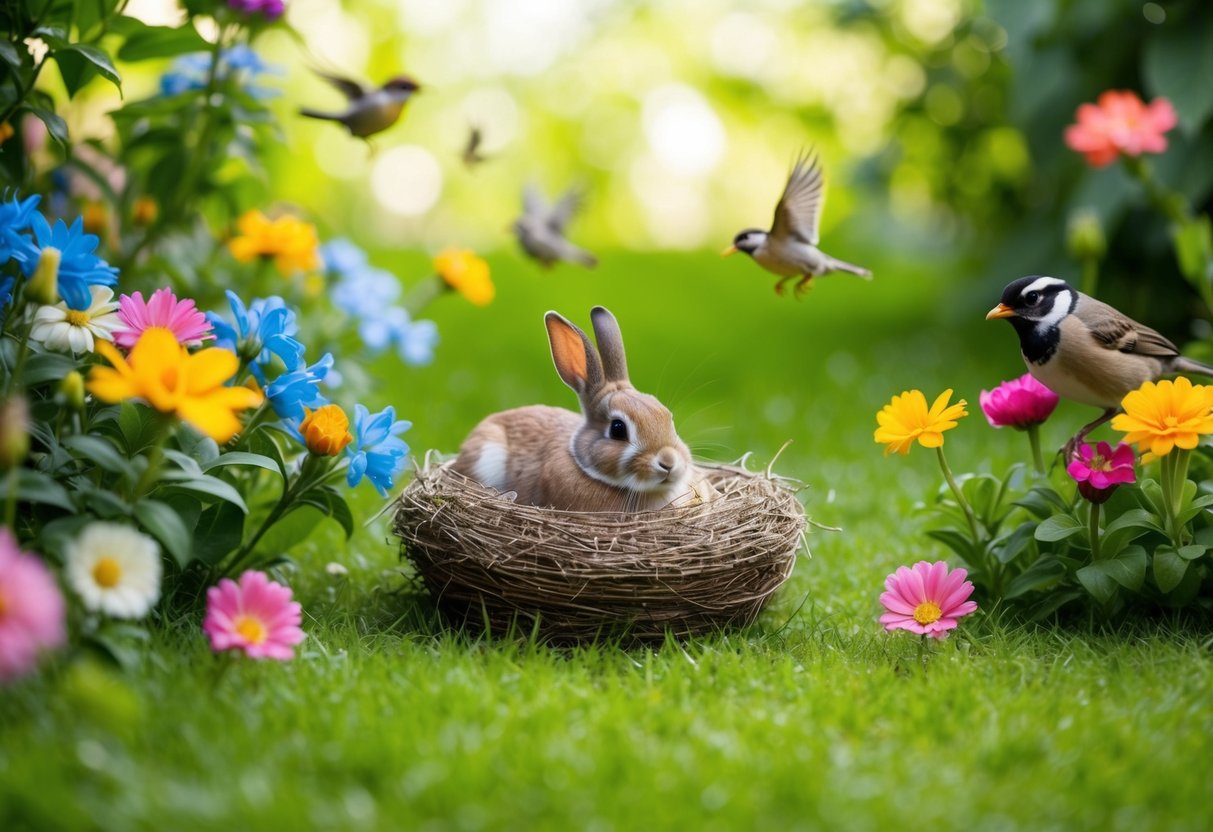 A bunny nest in a cozy corner of a lush, green yard, surrounded by colorful flowers and chirping birds