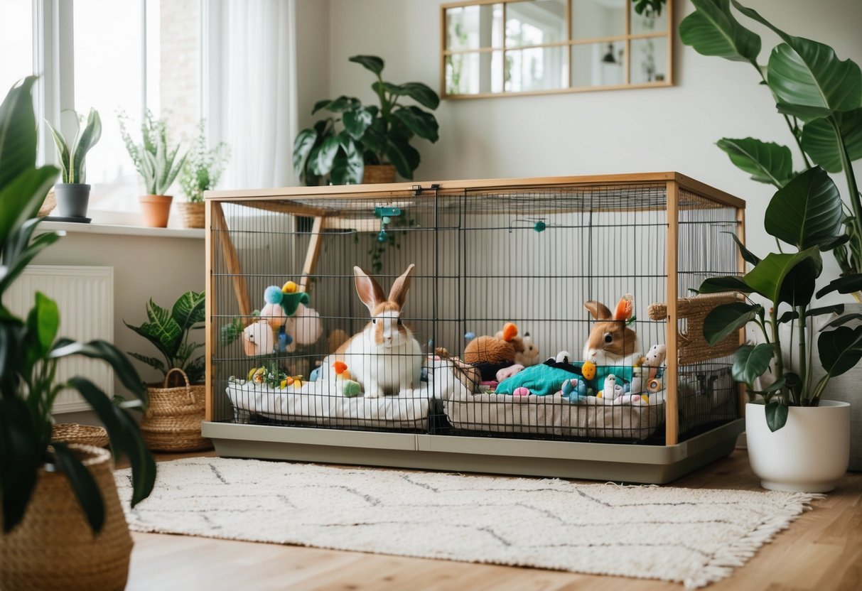 A cozy living room with a large indoor rabbit hutch, filled with toys and bedding, surrounded by plants and natural light