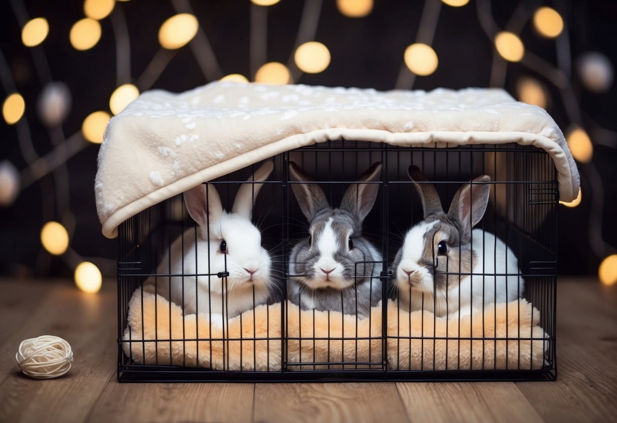 A cozy bunny cage at night, covered with a warm blanket to keep the bunnies safe and comfortable