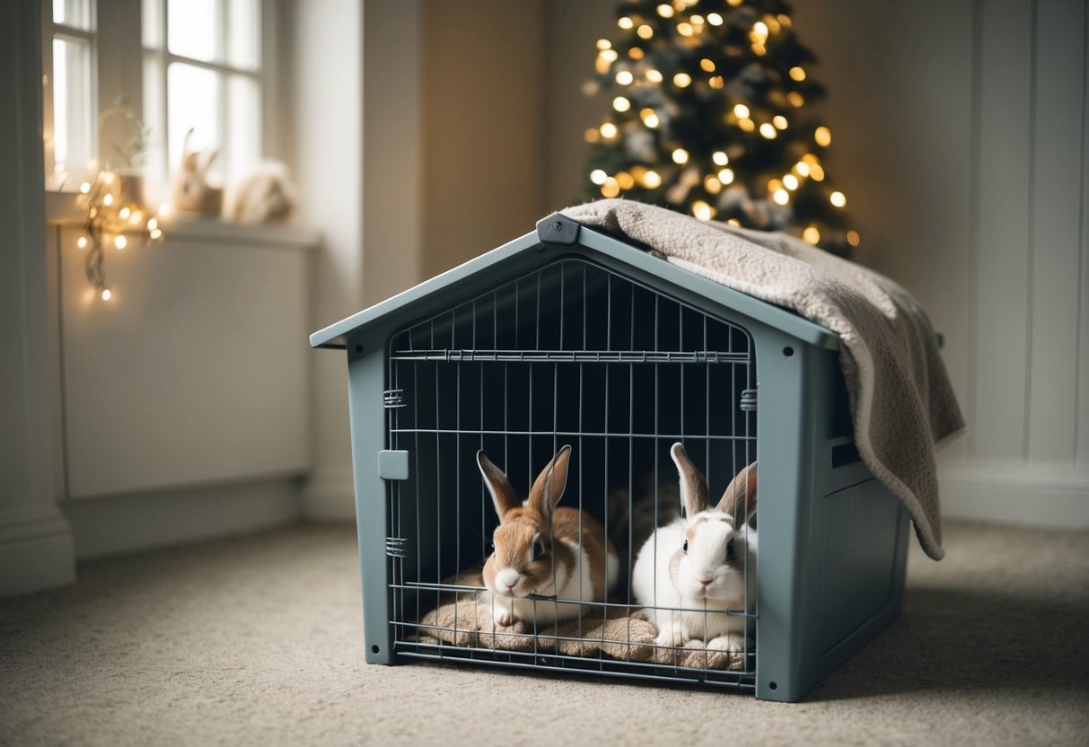 A bunny hutch sits in a dimly lit room, with a cozy blanket draped over the cage to create a sense of security and comfort for the rabbits inside