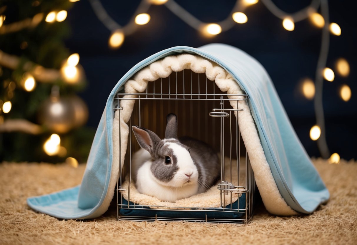 A cozy bunny cage with a soft, warm cover draped over it at night. The cage is filled with comfortable bedding and a small, inviting hideaway for the bunny to rest in