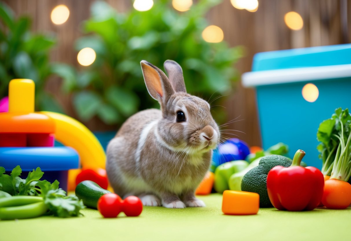A rabbit surrounded by colorful toys and fresh vegetables in a bright, spacious enclosure