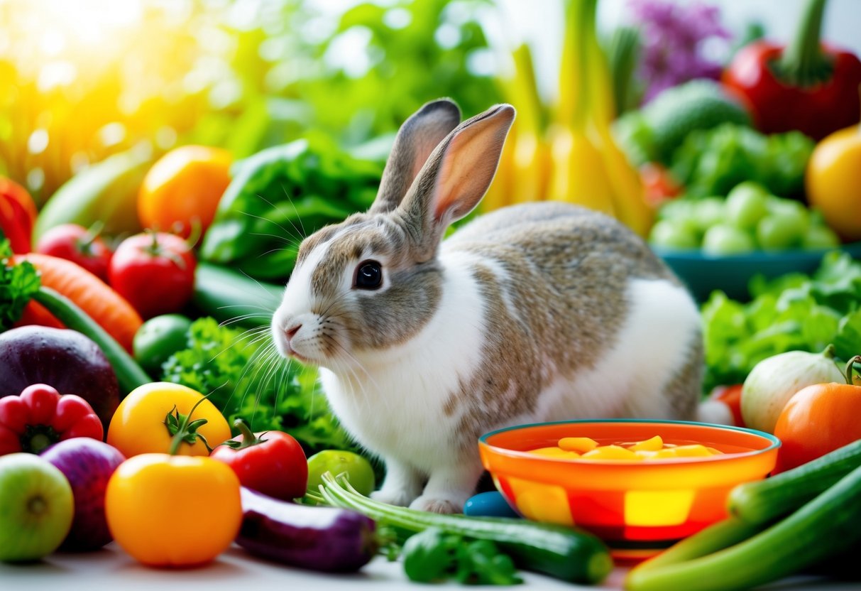 A rabbit surrounded by a variety of fresh vegetables and fruits, with a bright and colorful bowl of water nearby