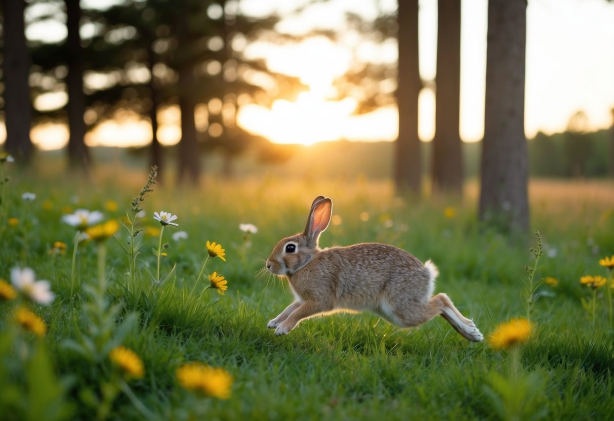 A solitary rabbit hops through a grassy meadow, surrounded by wildflowers and tall trees. The sun is setting, casting a warm glow over the peaceful scene