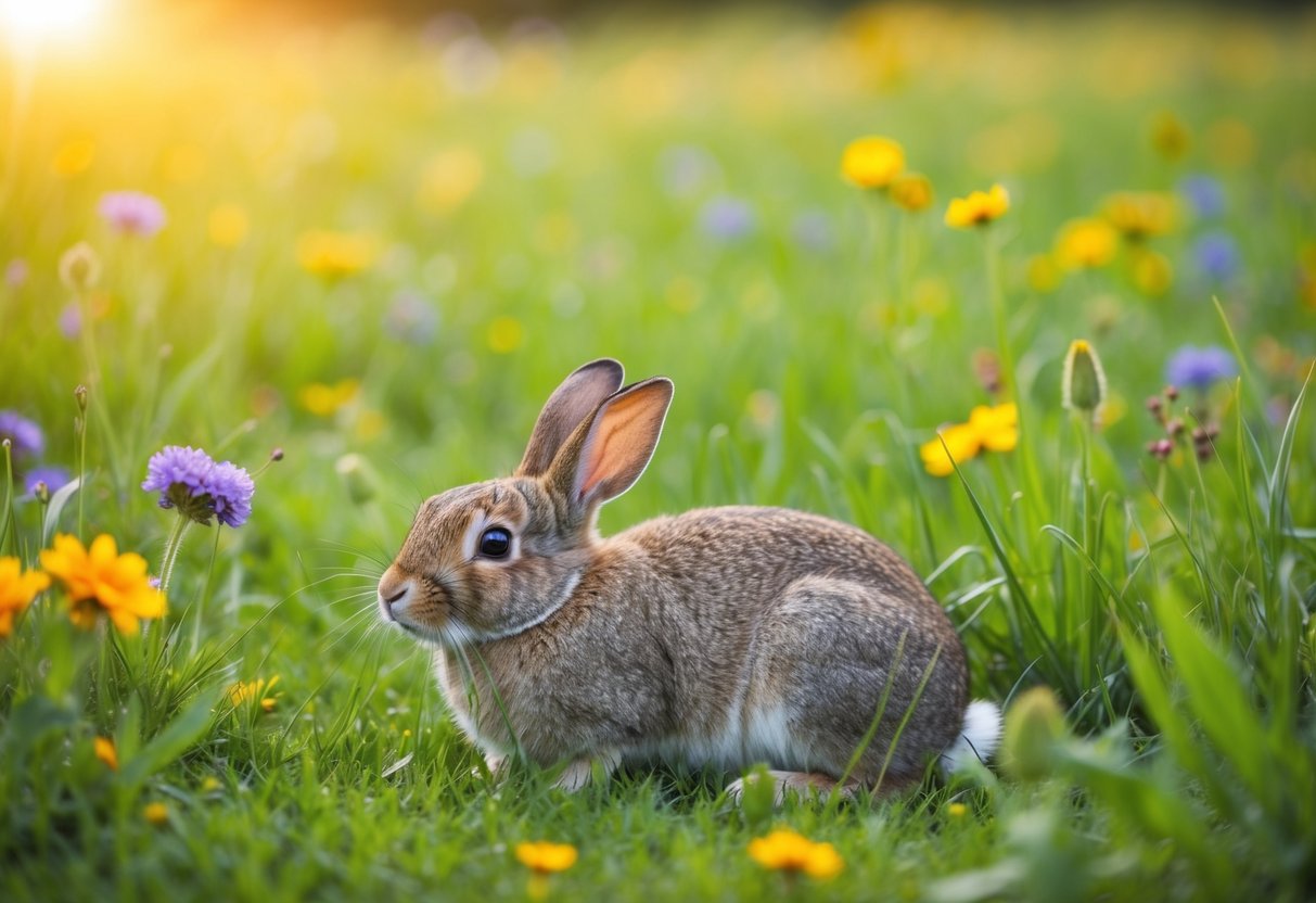 A rabbit peacefully resting in a lush green meadow, surrounded by colorful wildflowers and tall grass, under the warm glow of the sun