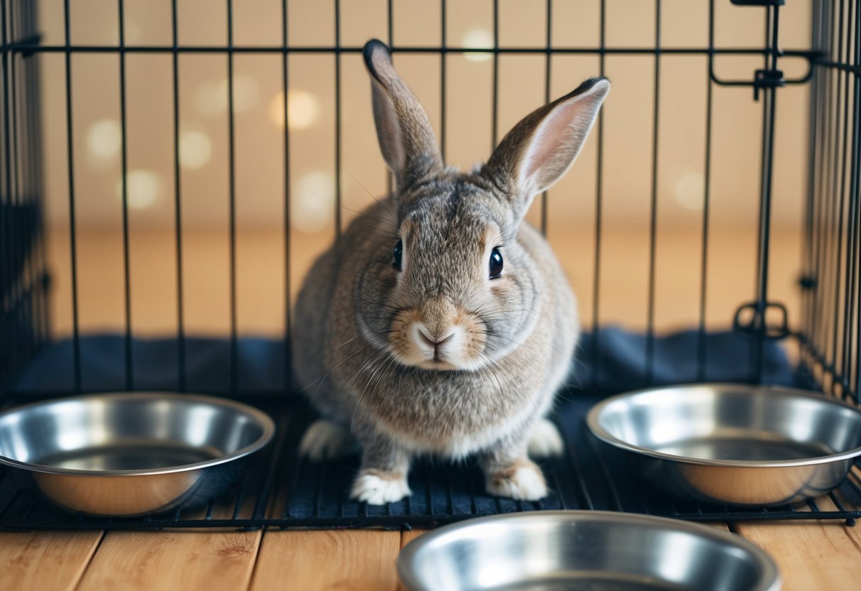 A pet rabbit sits in a cage, surrounded by empty food bowls. Its ears are drooping and its body appears weak as it waits for nourishment