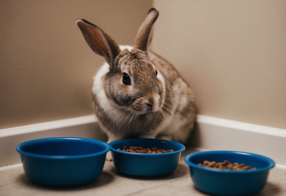 A pet rabbit huddled in a corner, surrounded by empty food bowls. Its ribs are visible, and it looks weak and lethargic