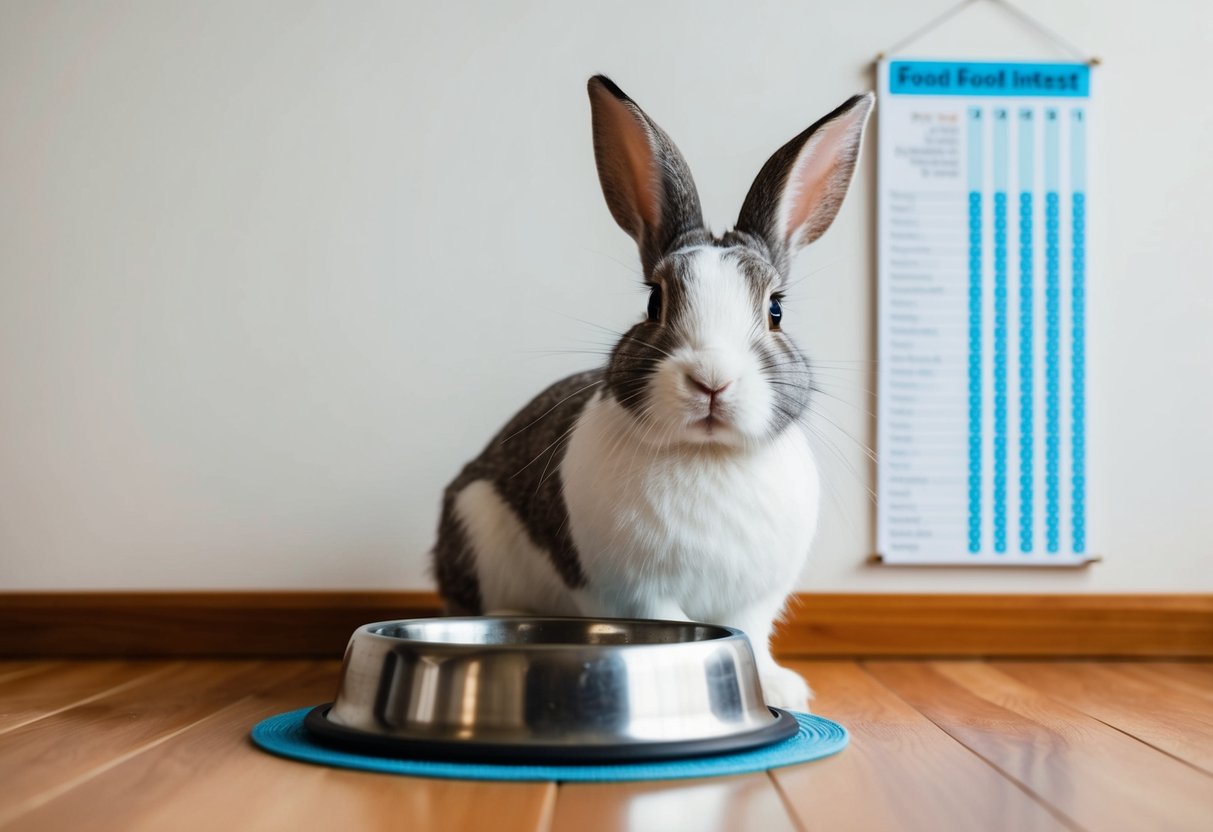 A pet rabbit sits by an empty food bowl, looking up expectantly. Nearby, a chart on the wall tracks its daily food intake
