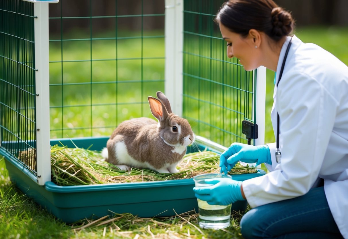 A healthy rabbit in a spacious outdoor enclosure, surrounded by fresh hay and water, with a veterinarian conducting a check-up