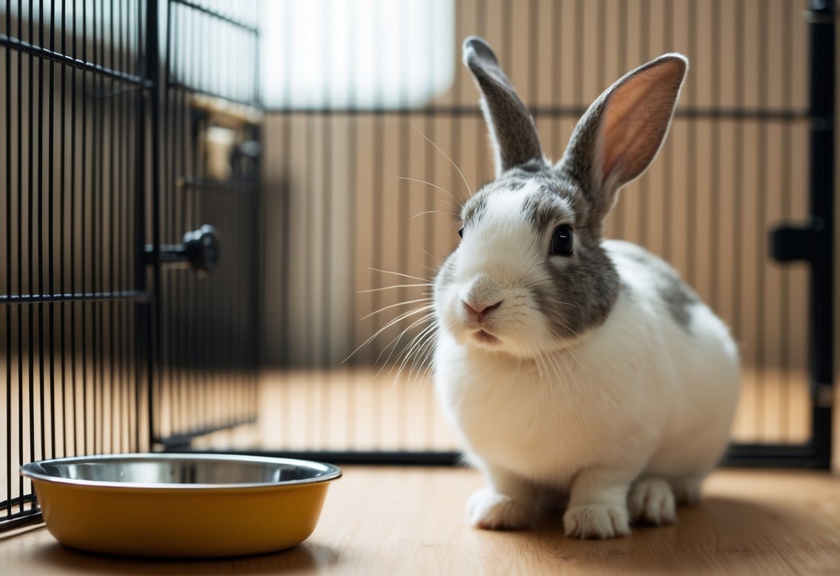 A pet rabbit sits in a cage, looking weak and lethargic. Empty food bowl nearby