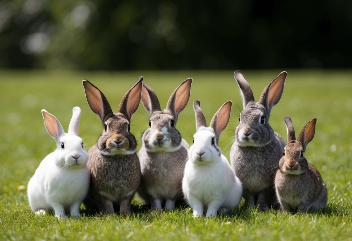A group of rabbits of different breeds, each with varying lifespans, gathered in a grassy field