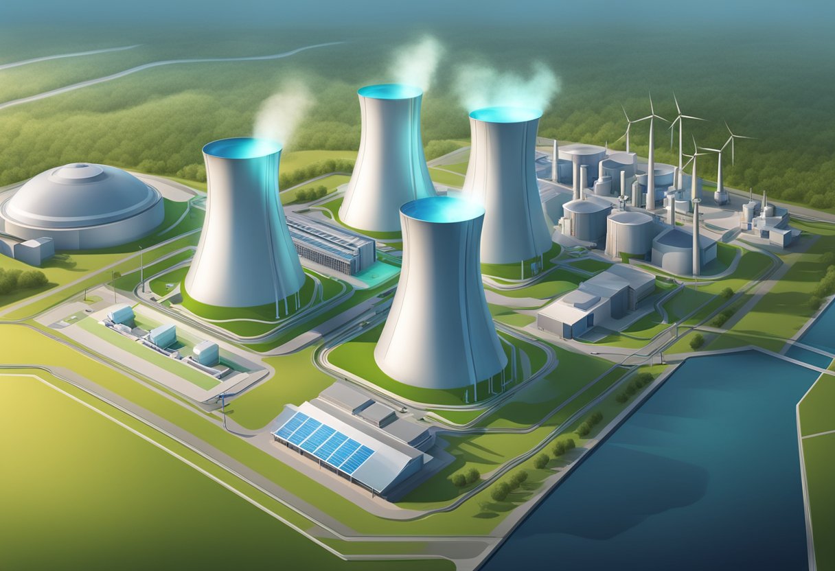 Et futuristisk atomkraftværk med lysende, strømlinede reaktorer omgivet af en ren og effektiv energiproduktionsfacilitet