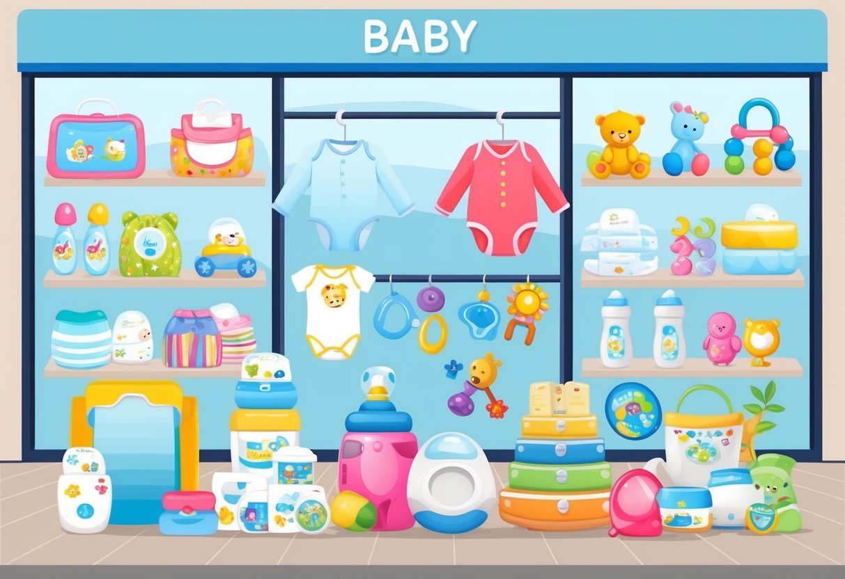 A colorful array of baby products displayed on a virtual storefront, with a variety of items such as diapers, clothing, toys, and accessories