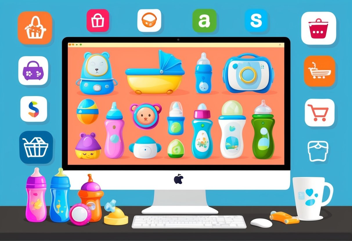 A colorful array of baby products displayed on a computer screen, surrounded by icons of popular shopping websites