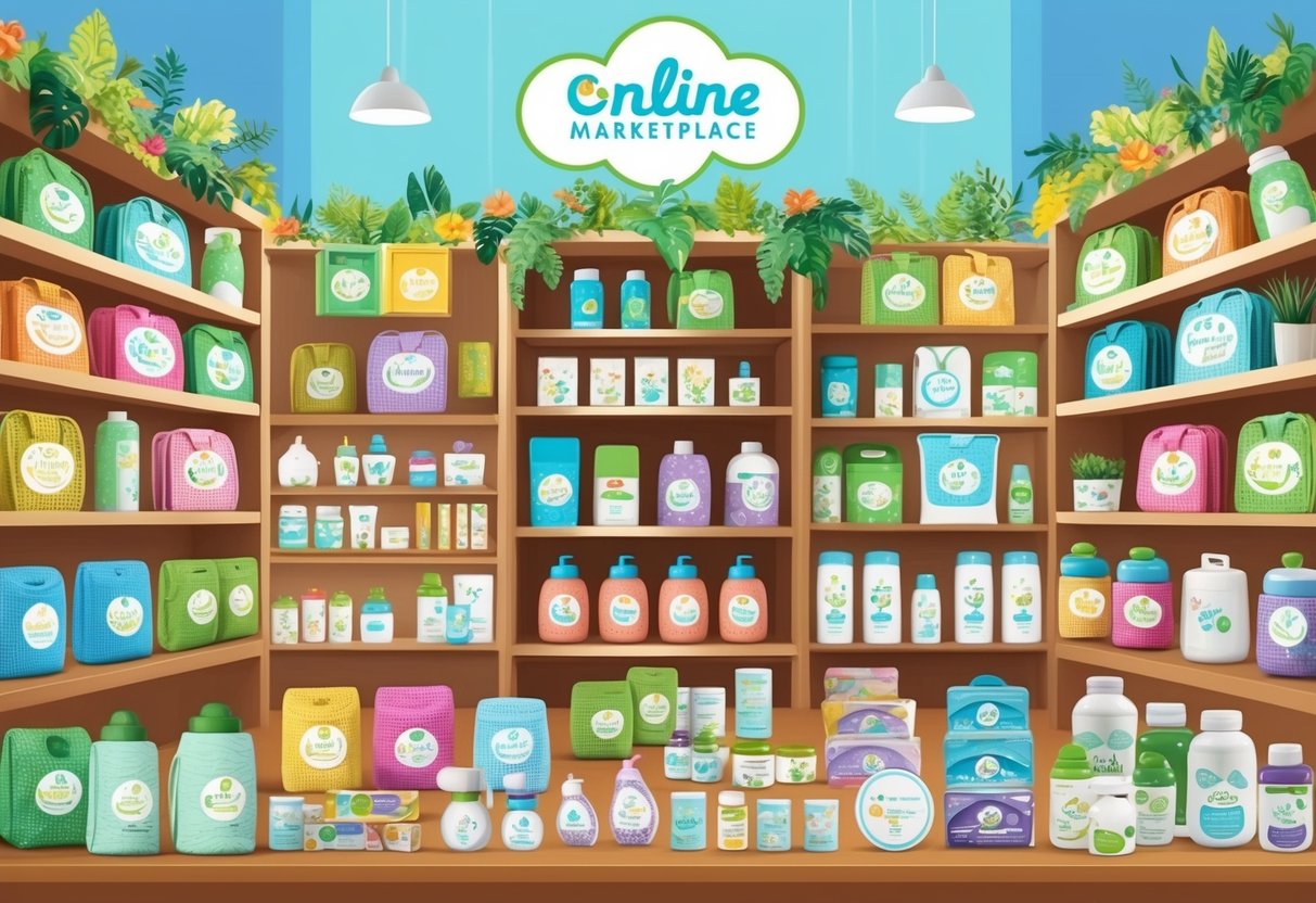 A bustling online marketplace filled with colorful, nature-inspired baby products. Eco-friendly logos and organic labels adorn the virtual shelves