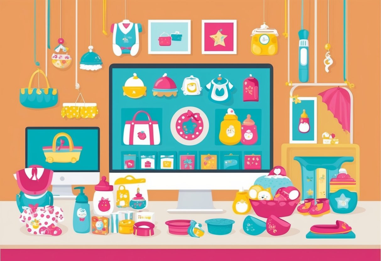 A vibrant online marketplace with boutique and designer baby products displayed in an inviting and organized manner