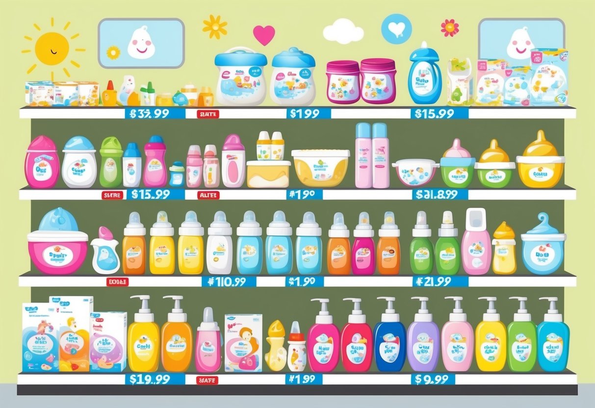 A colorful array of baby products displayed on shelves with price tags, surrounded by cheerful graphics and a user-friendly interface