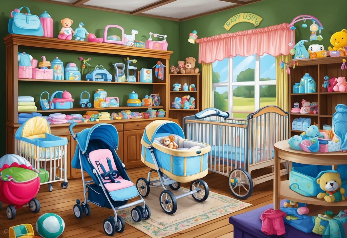 A cozy, cluttered shop filled with gently used baby products, from strollers and cribs to onesies and toys. A friendly atmosphere with colorful displays and bargain finds