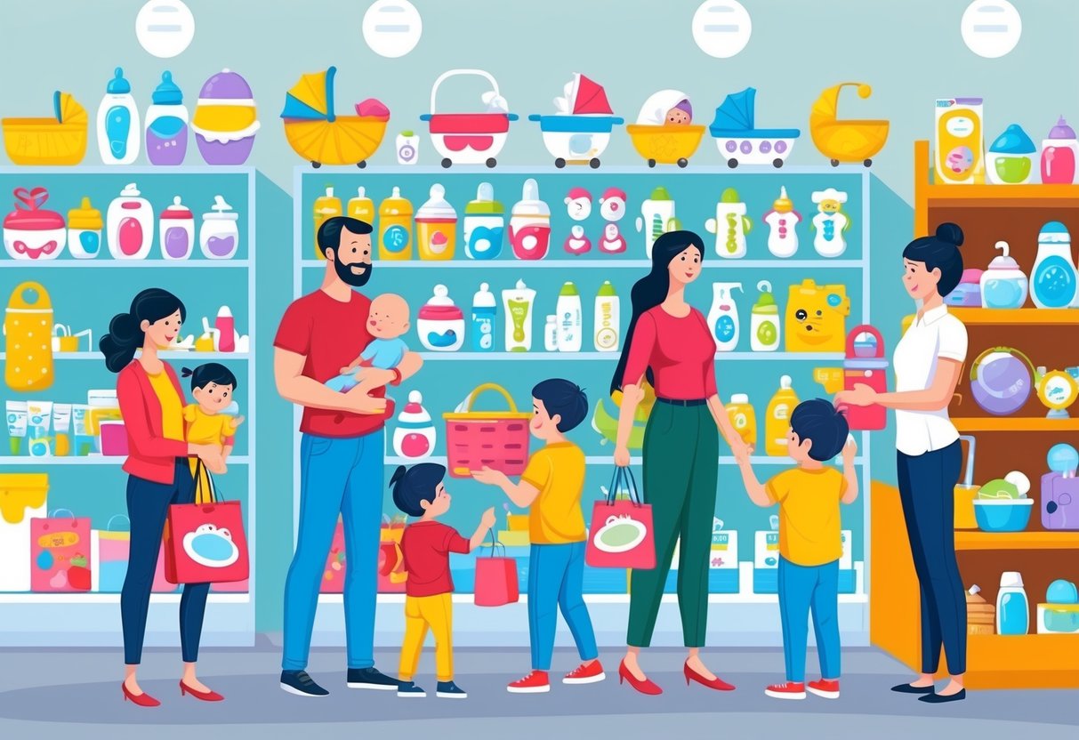 A colorful array of baby products displayed on shelves with happy families browsing and purchasing items at the Parent-Community Marketplace