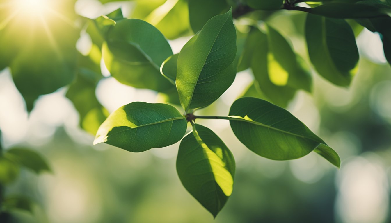 A young lemon tree branch displays dark green leaves, new growth unfurling, illuminated by dappled sunlight